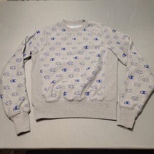 Champion XS Reverse Weave Gray Graphic Pullover Womens Sweater All Over Print
